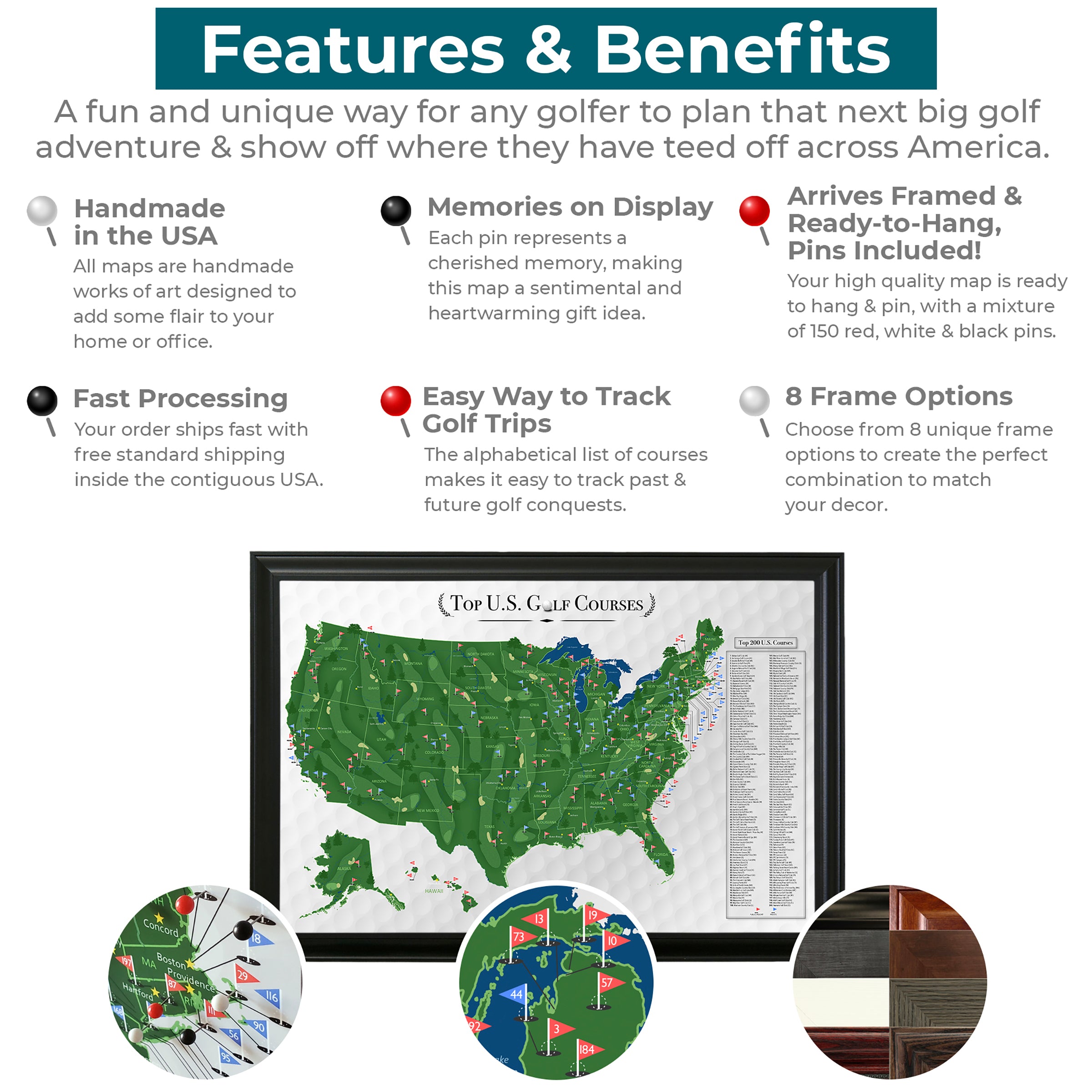 Features and Benefits of a Push Pin Travel Map, Top 200 US Golf Courses Wall Map Features and Benefits