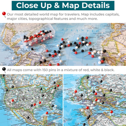 Classic World Push Pin Travel Maps - Close up and Details