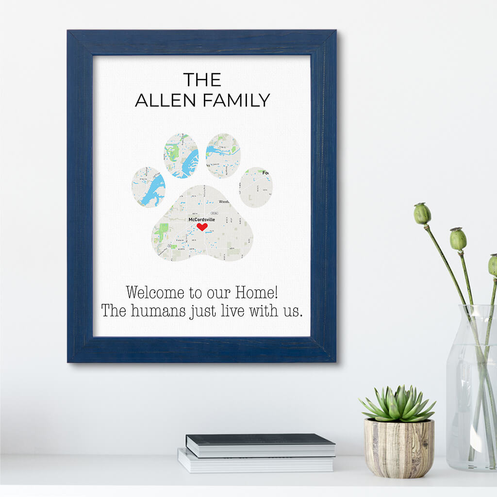 Personalized Cat Paw Print Map Art in Carnival Blue Frame