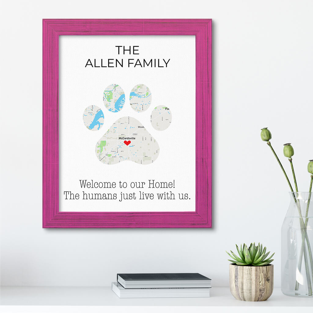 Personalized Cat Paw Print Map Art in Carnival Pink Frame