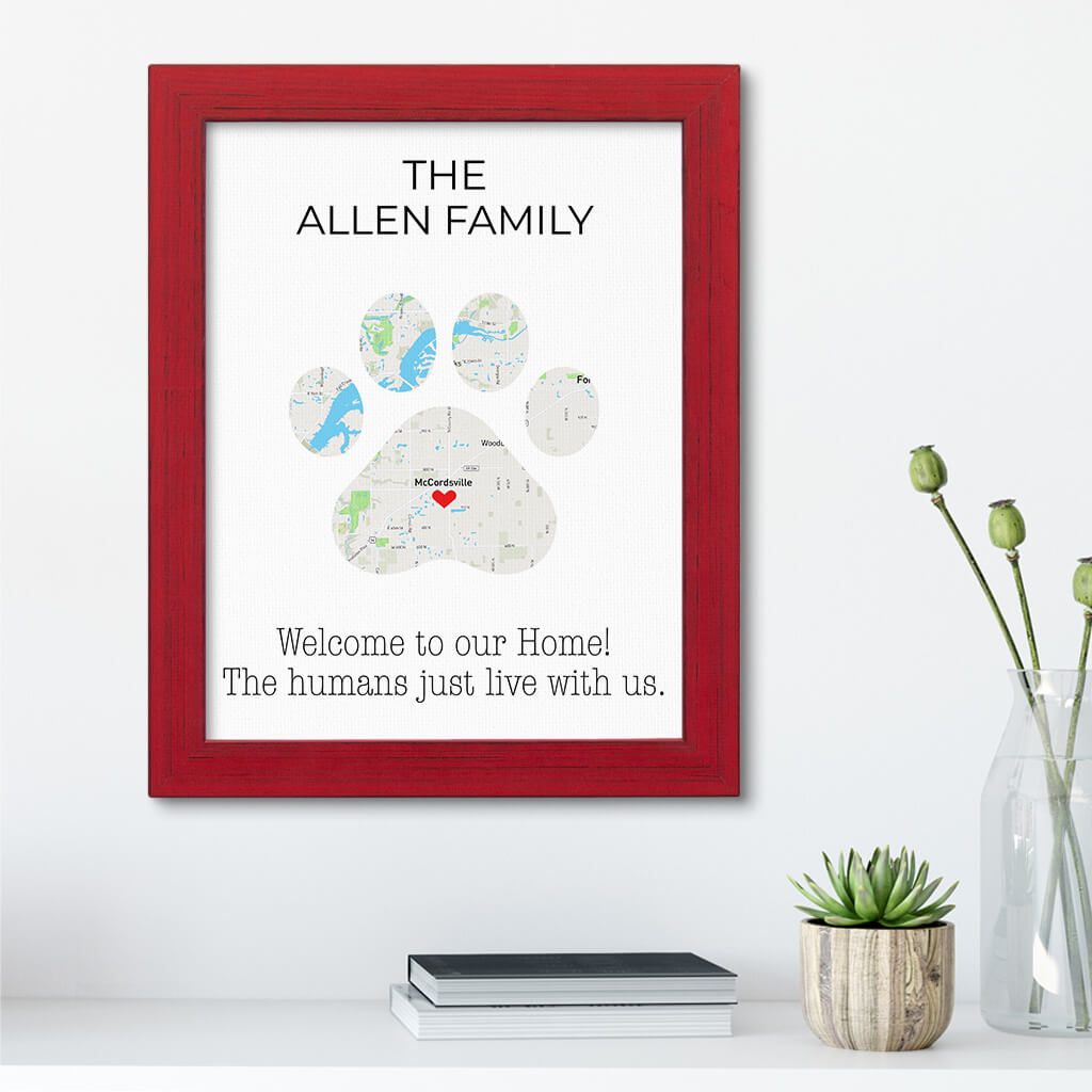 Personalized Cat Paw Print Map Art in Carnivall Red Frame