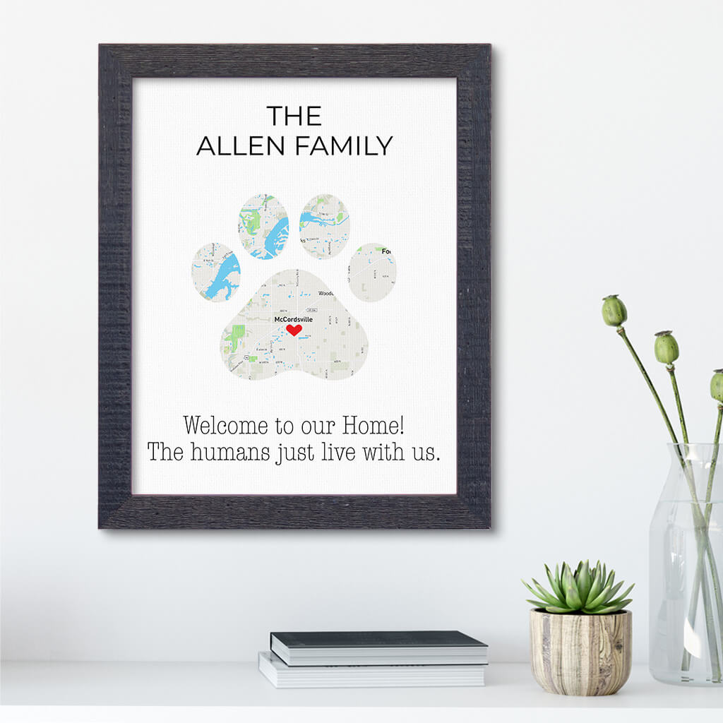 Personalized Cat Paw Print Map Art Madison Black Frame