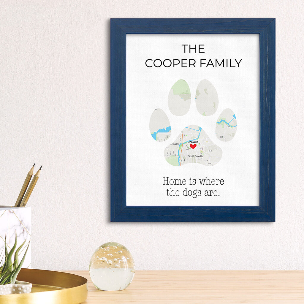 Customized Dog Paw Print Map Wall Art in Carnival Blue Frame