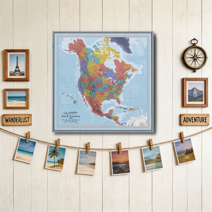 Personalized Blue Oceans North America canvas travel map with pins displayed on rustic wall