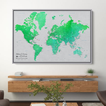 Canvas - Enchanting Emerald Watercolor World Travel Map with pins