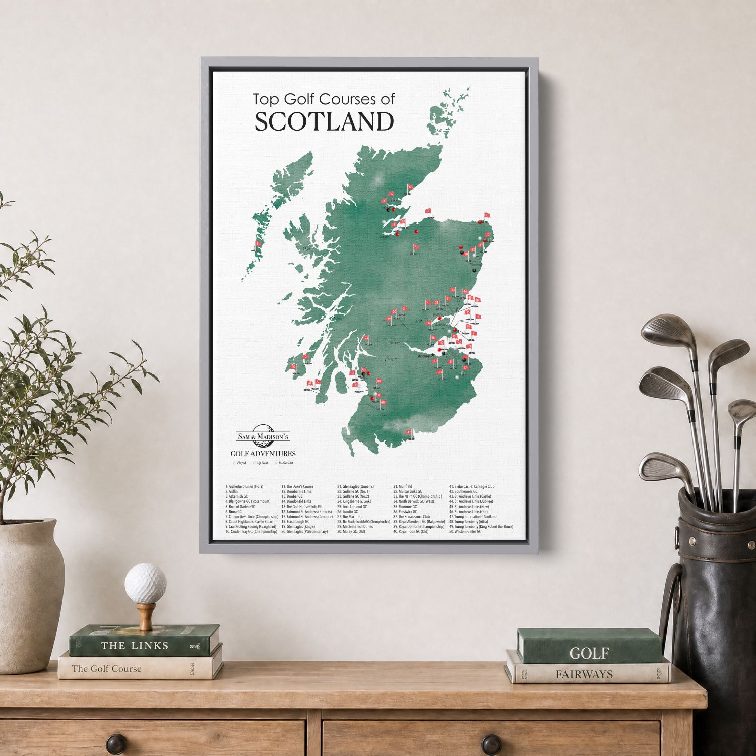 Canvas - Scotland Golf Courses Travel Map with Pins
