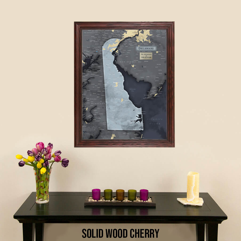 Push Pin Travel Maps Framed Delaware Slate Wall Map in Solid Wood Cherry Frame