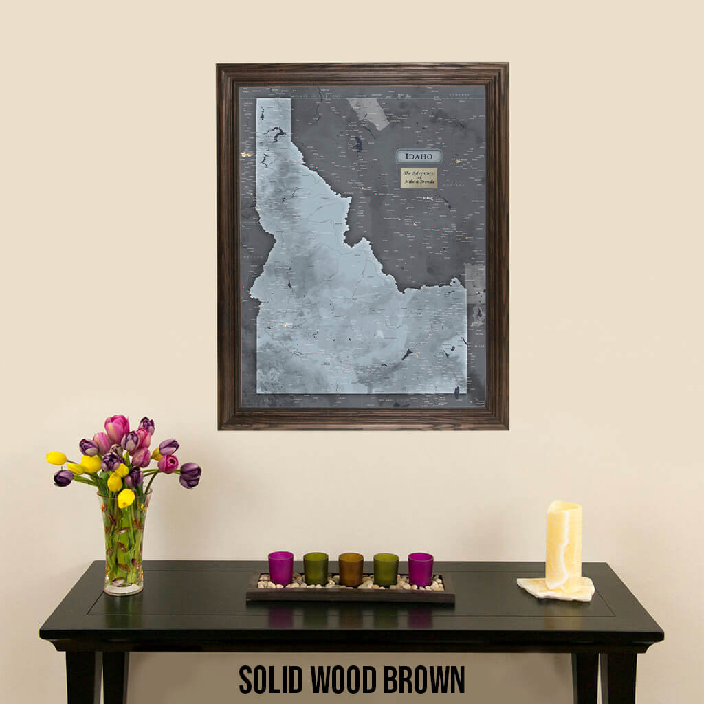 Push Pin Travel Maps Framed Idaho Slate Wall Map in Solid Wood Brown Frame