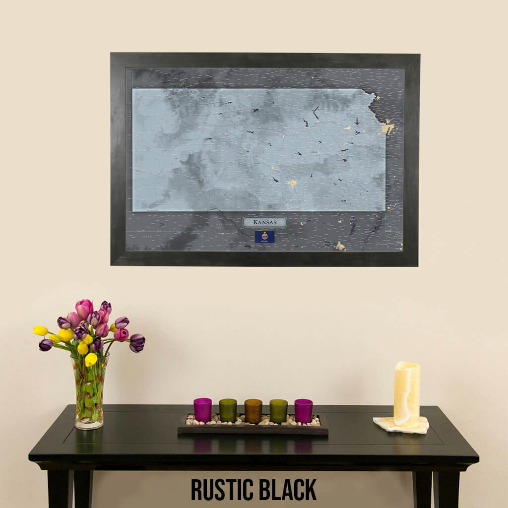 Push Pin Travel Maps Framed Kansas Slate Wall Map in Rustic Black Frame