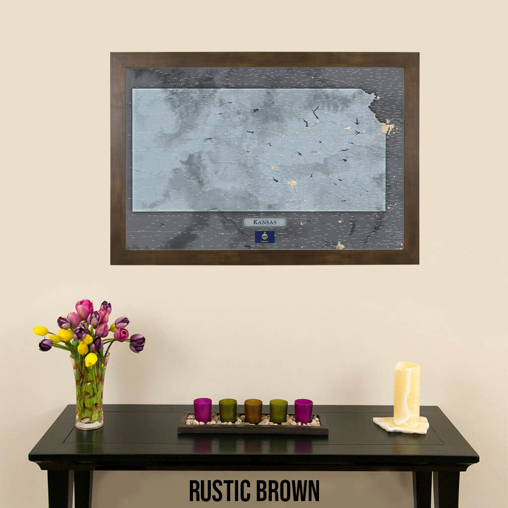 Push Pin Travel Maps Framed Kansas Slate Wall Map in Rustic Brown Frame