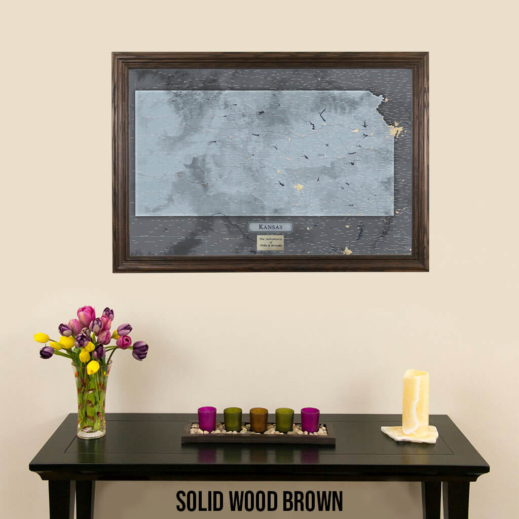 Push Pin Travel Maps Framed Kansas Slate Wall Map in Solid Wood Brown Frame