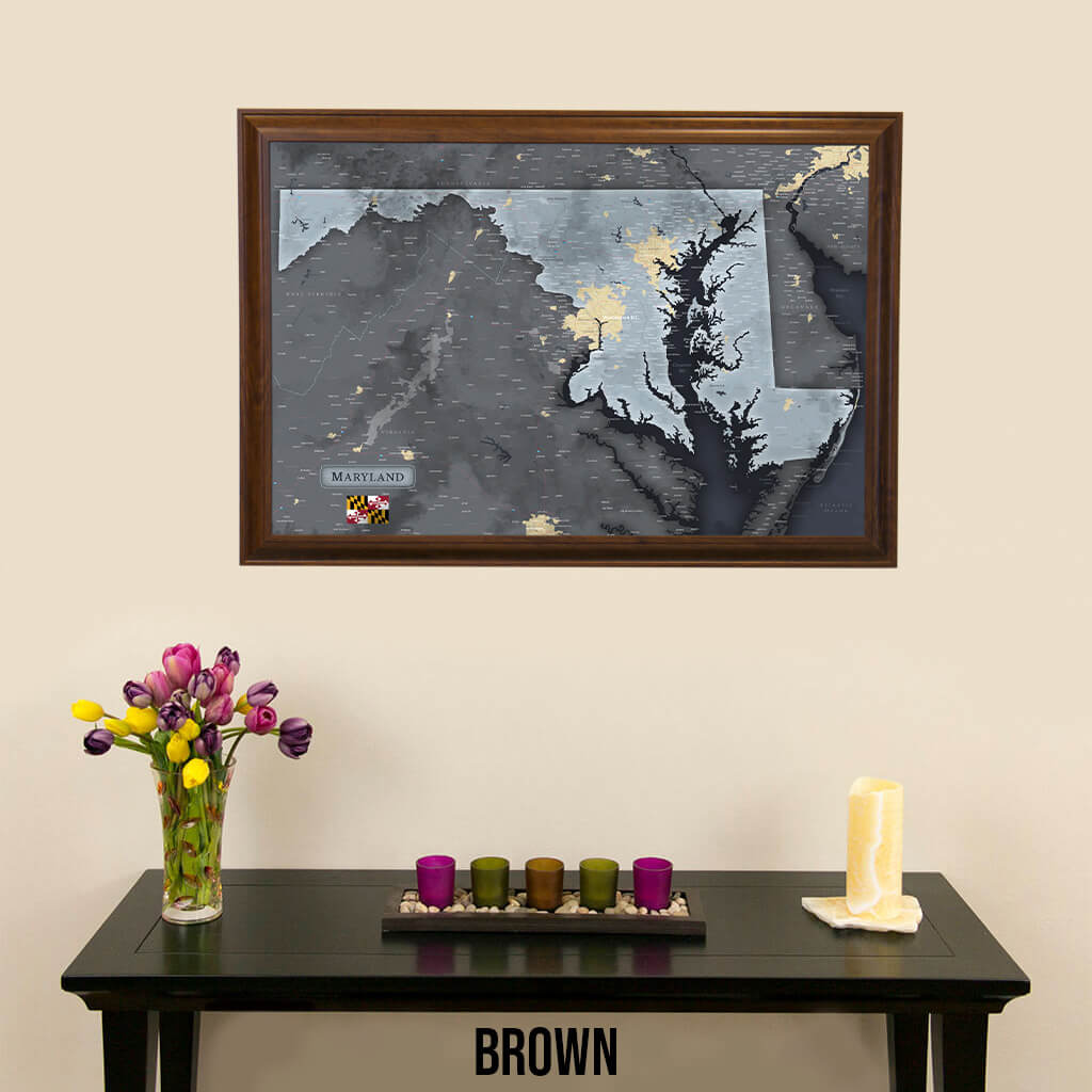 Framed Maryland State Slate Push Pin Travel Map in Brown Frame