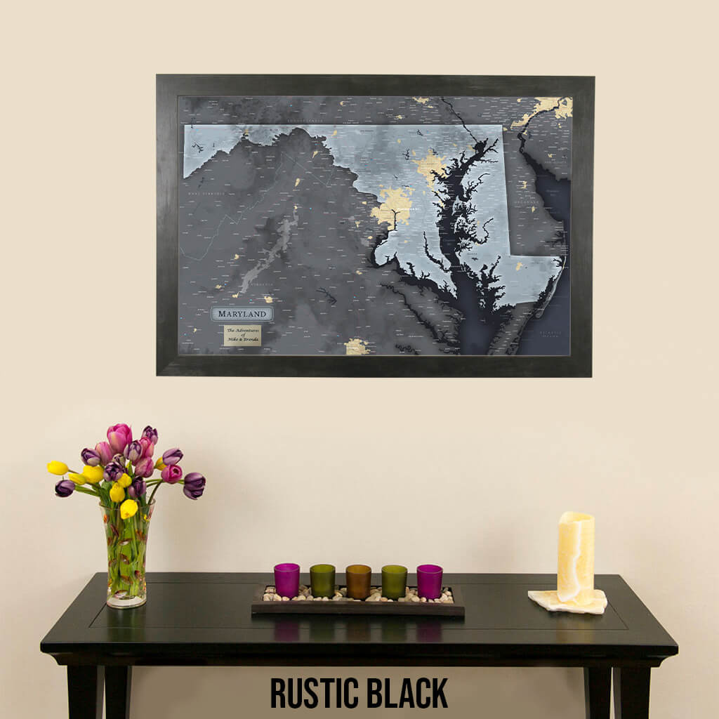 Framed Maryland State Slate Push Pin Travel Map in Rustic Black Frame