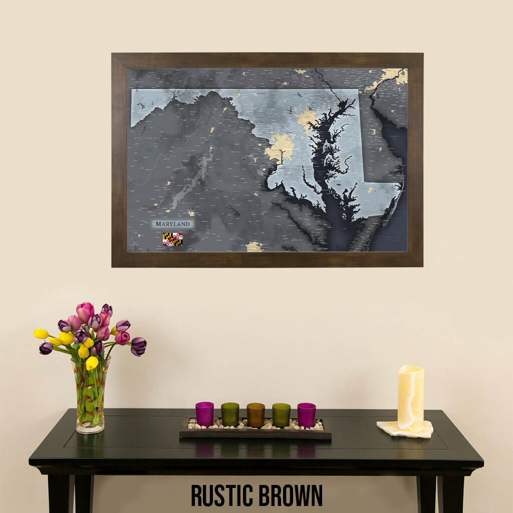 Framed Maryland State Slate Push Pin Travel Map in Rustic Brown Frame