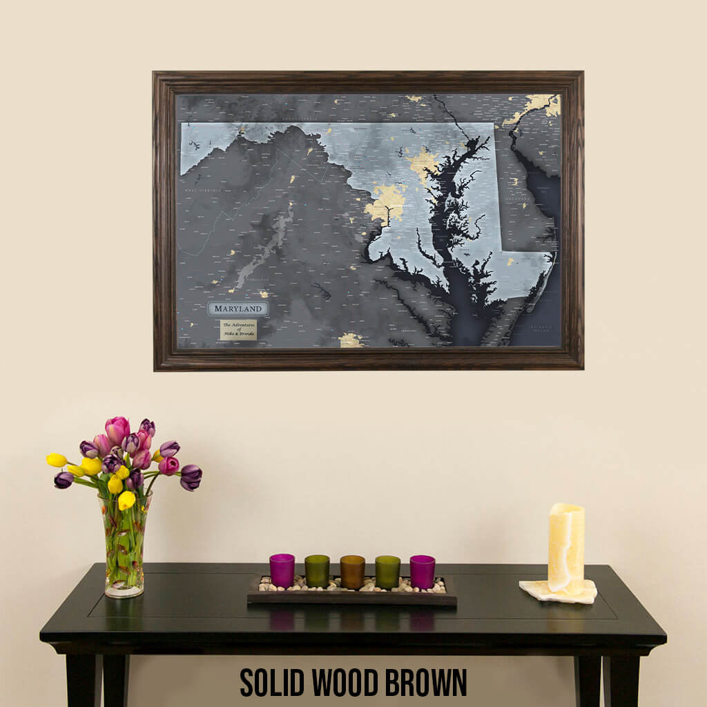 Framed Maryland State Slate Push Pin Travel Map in Solid Wood Brown Frame