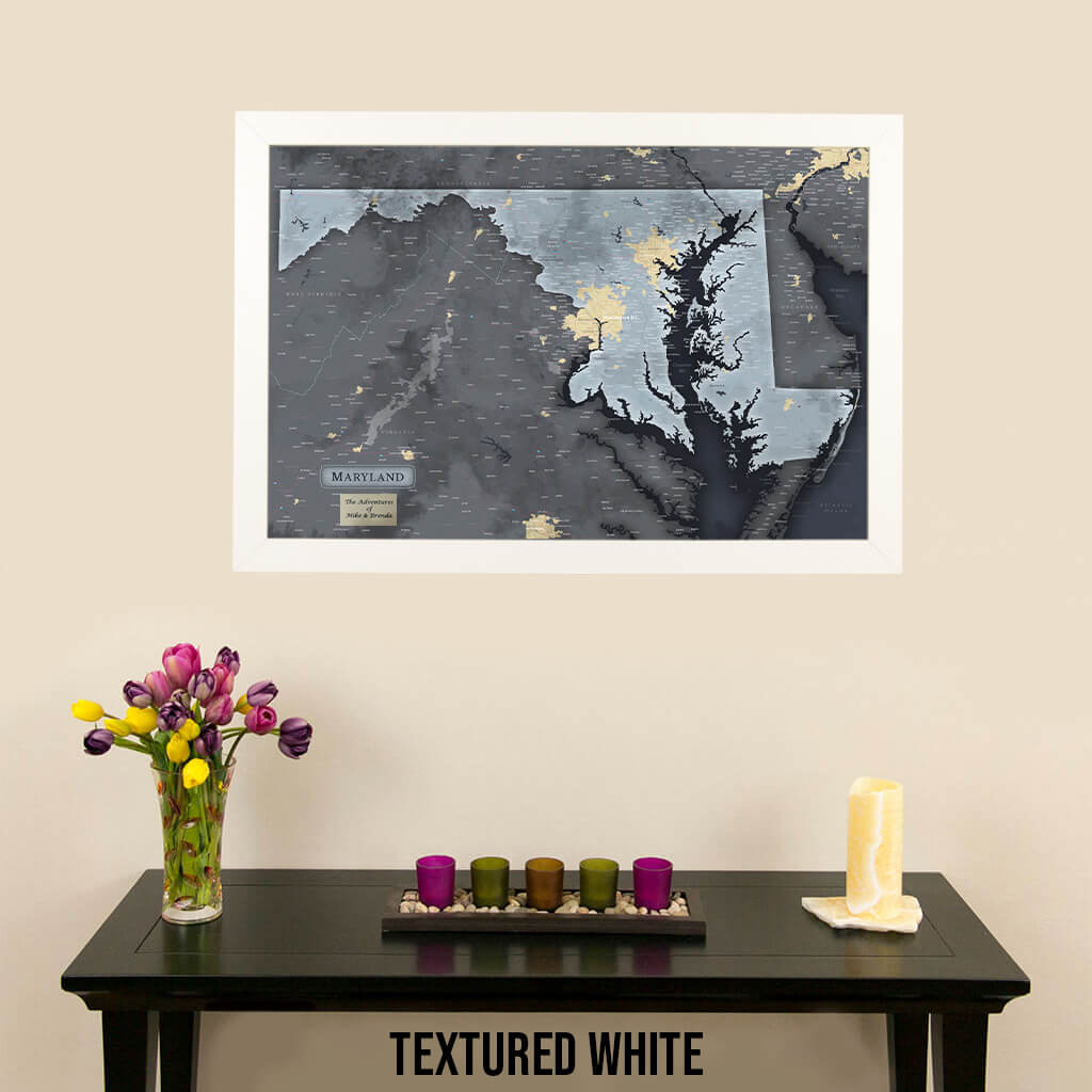 Framed Maryland State Slate Push Pin Travel Map in Textured White Frame