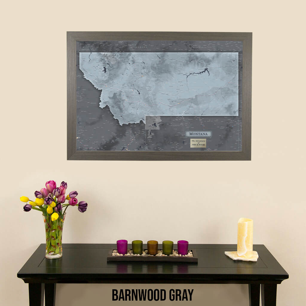 Montana Slate State Push Pin Travel Map in Barnwood Gray Frame