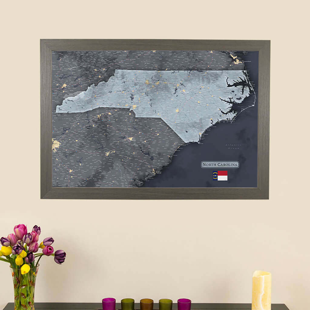 Framed Slate North Carolina Push Pin Travel Map with Push Pins Included