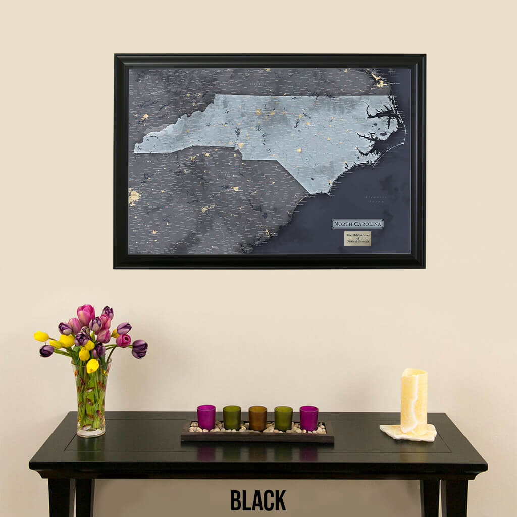 Framed Slate North Carolina Push Pin Travel Map in Black Frame