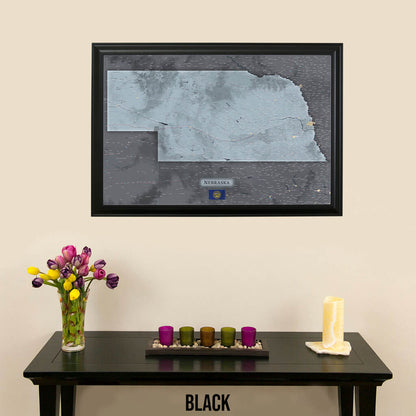 Slate Nebraska Push Pin Travel Map in Black Frame