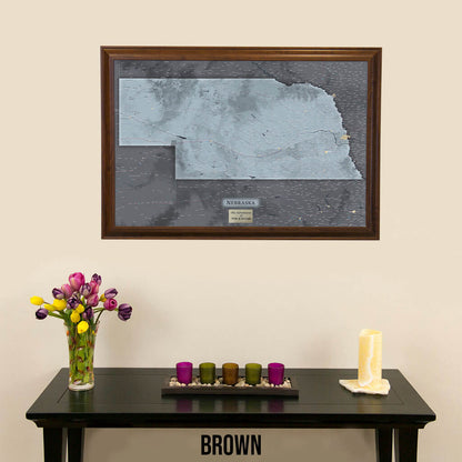 Slate Nebraska Push Pin Travel Map in Brown Frame