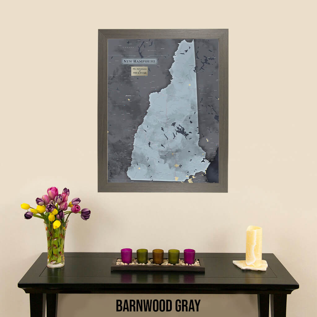Slate New Hampshire State Push Pin Travel Map in Barnwood Gray Frame