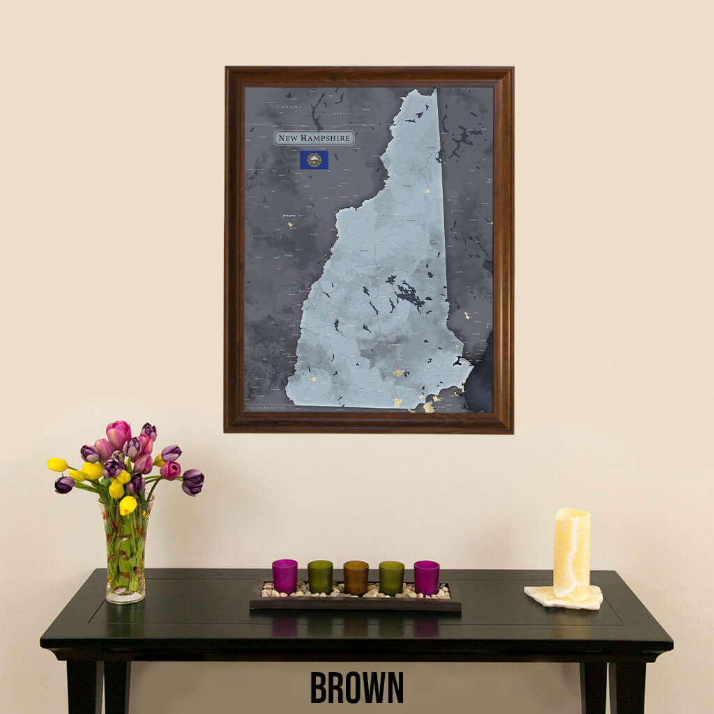 Slate New Hampshire State Push Pin Travel Map in Brown Frame