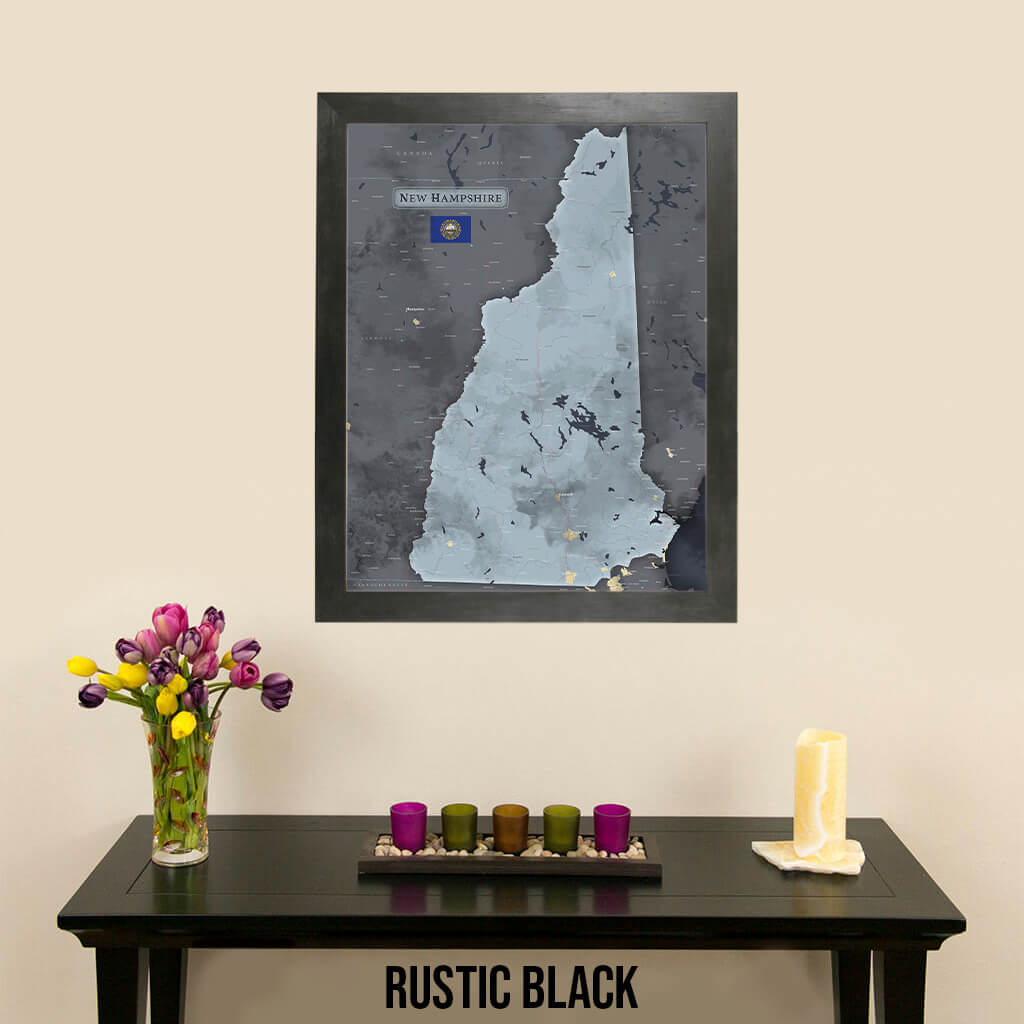 Slate New Hampshire State Push Pin Travel Map in Rustic Black Frame