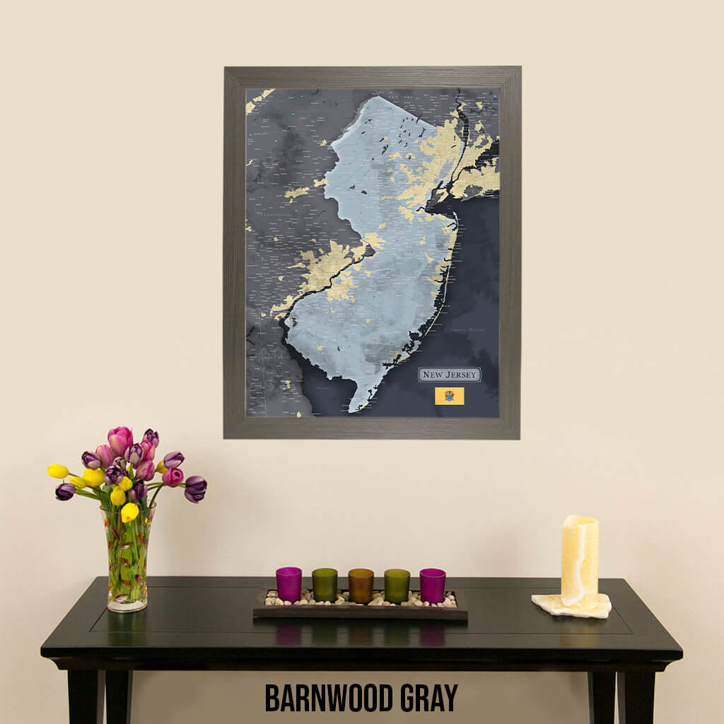 Framed Slate New Jersey Push Pin Travel Map in Barnwood Gray Frame