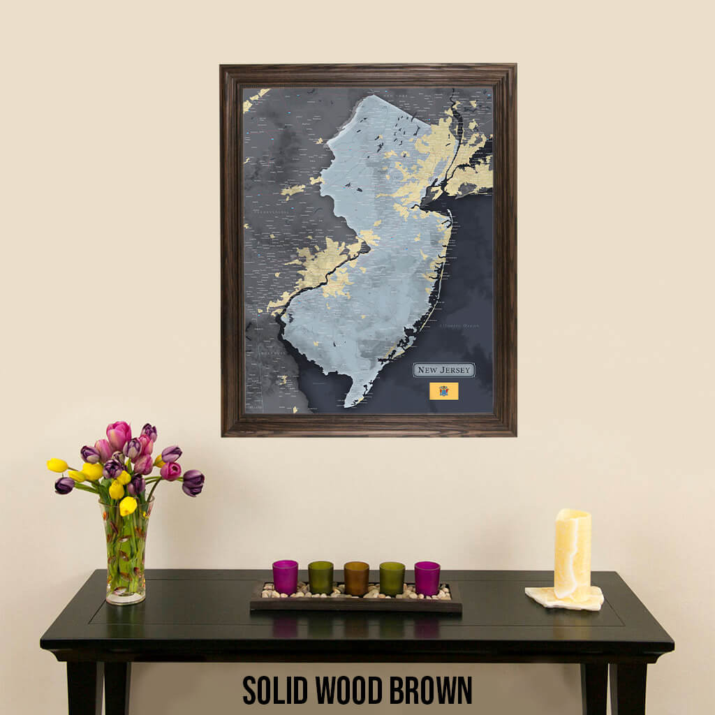 Framed Slate New Jersey Push Pin Travel Map in Solid Wood Brown Frame