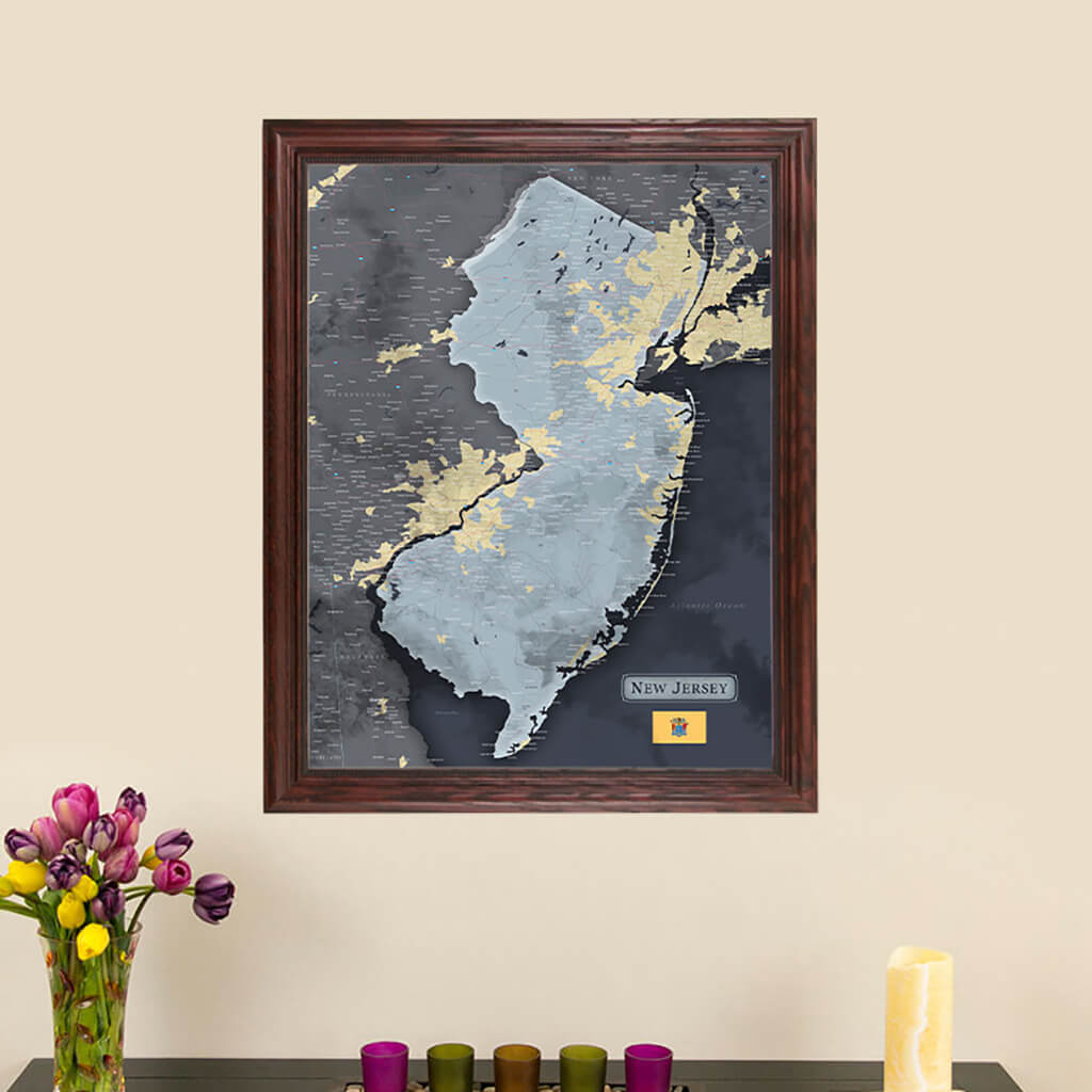 Framed Slate New Jersey Push Pin Travel Map with Push Pins