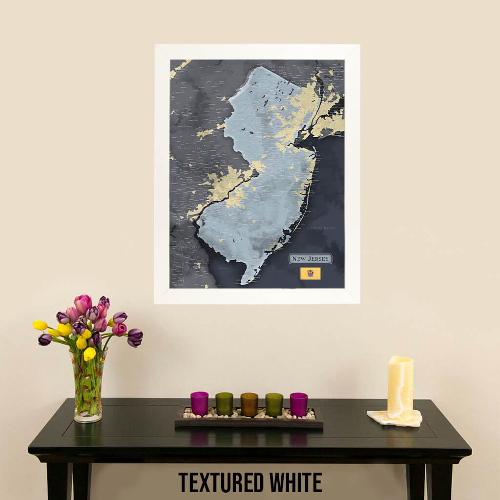Framed Slate New Jersey Push Pin Travel Map in Textured White Frame