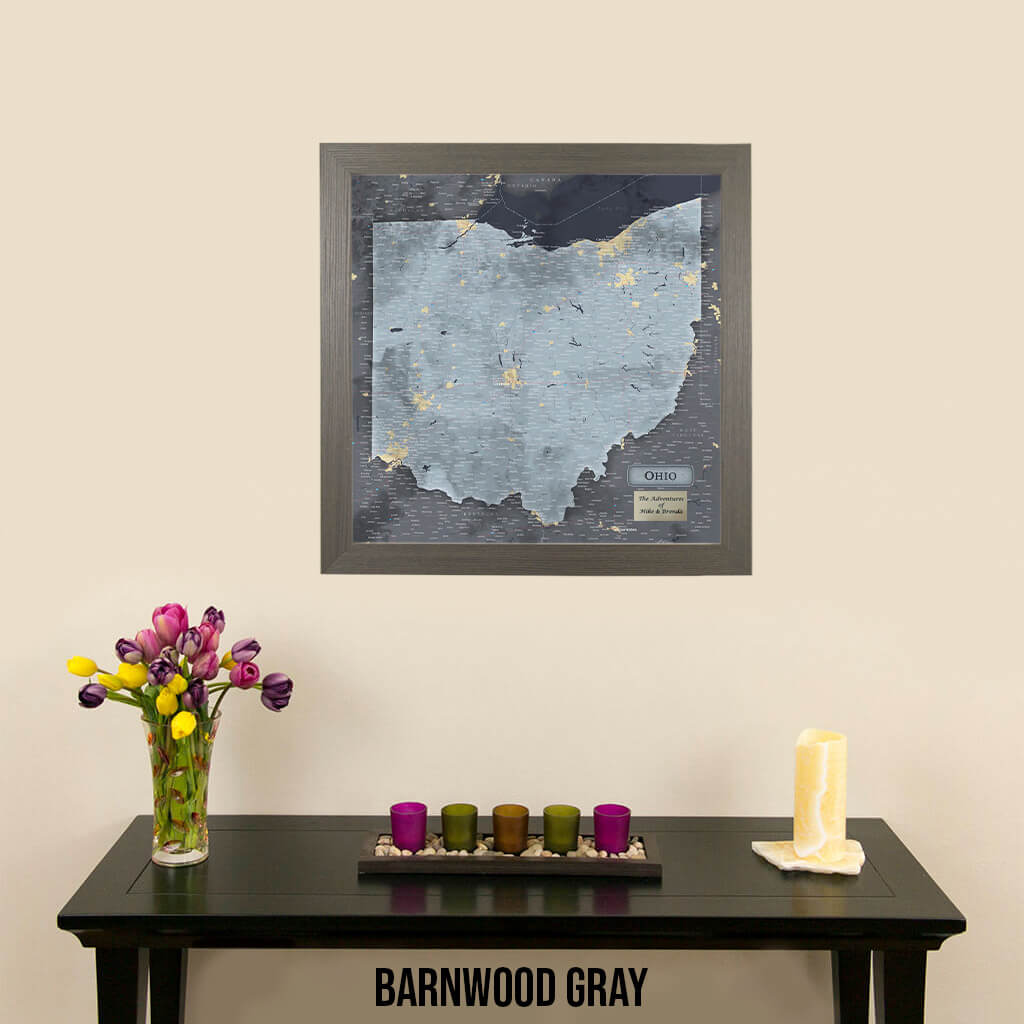 Ohio Slate Push Pin Travel Map in Barnwood Gray Frame