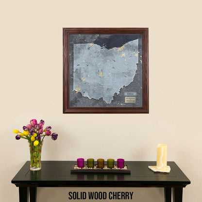 Framed Ohio Slate State Push Pin Wall Map in Solid Wood Cherry Frame