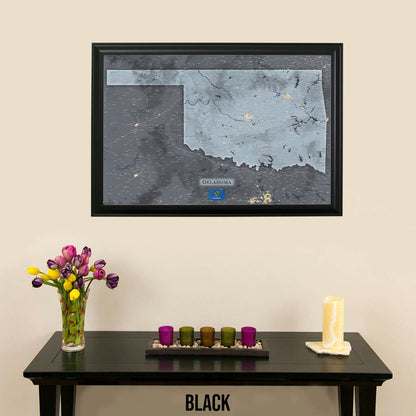 Framed Slate Oklahoma Push Pin Travel Map in Black Frame