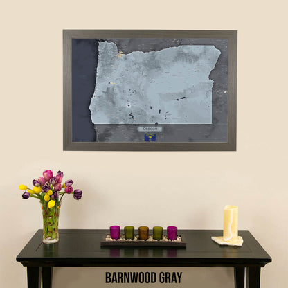 Framed Slate Oregon Push Pin Travel Maps in Barnwood Gray Frame