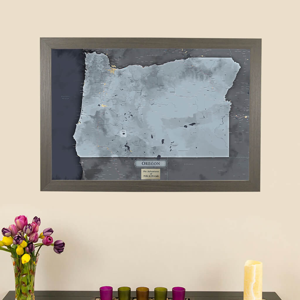 Framed Slate Oregon Push Pin Travel Maps with Push Pins