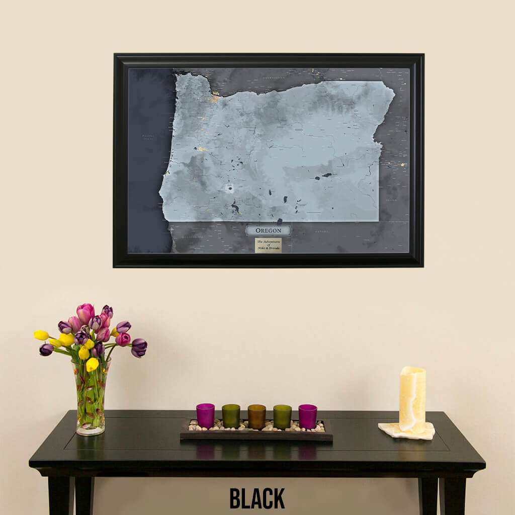 Framed Slate Oregon Push Pin Travel Maps in Black Frame