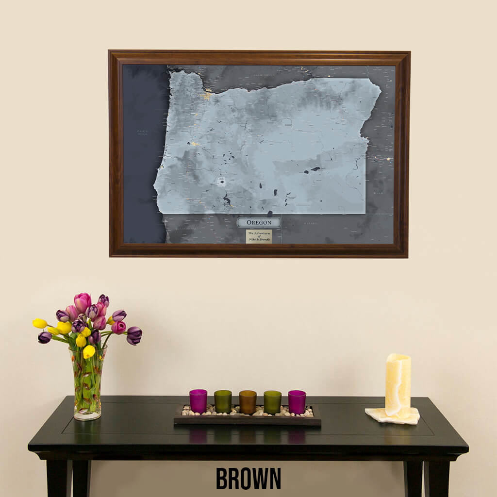 Framed Slate Oregon Push Pin Travel Maps in Brown Frame