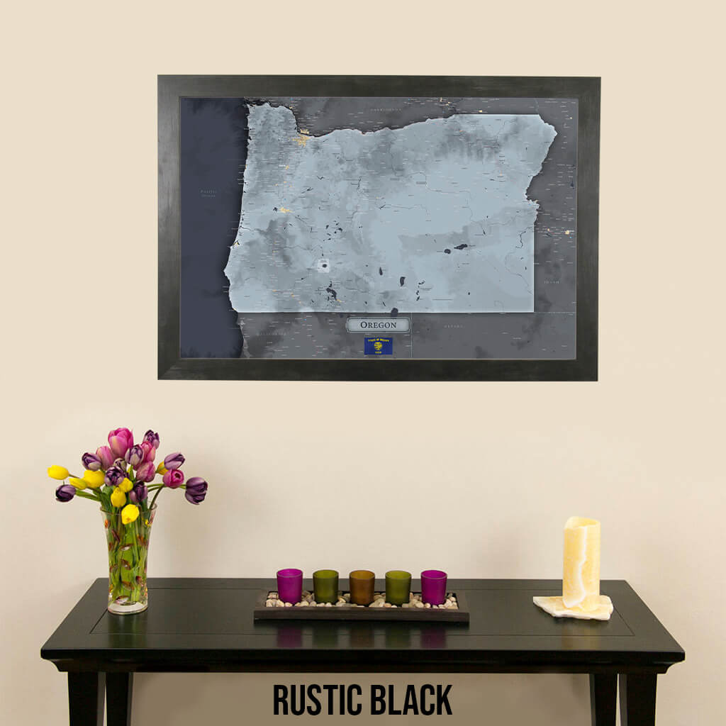 Framed Slate Oregon Push Pin Travel Maps in Rustic Black Frame