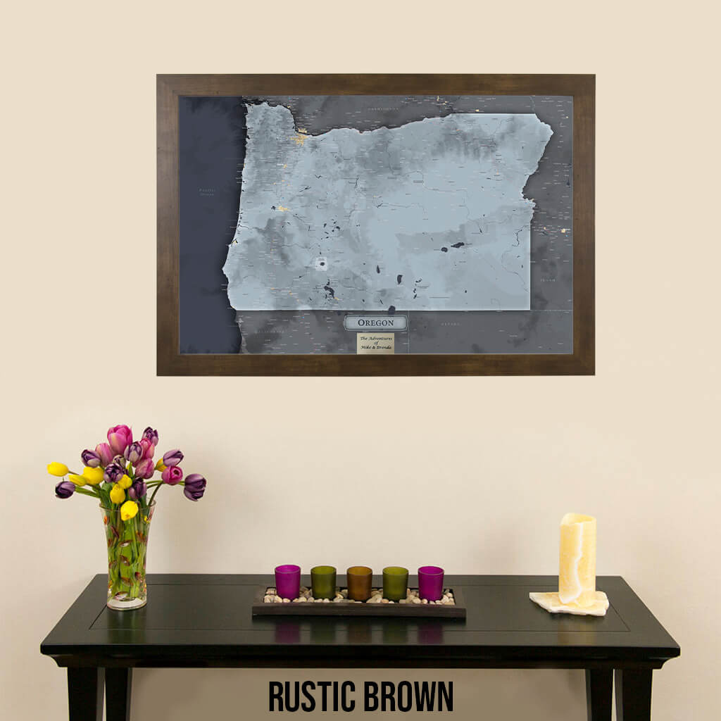 Framed Slate Oregon Push Pin Travel Maps in Rustic Brown Frame