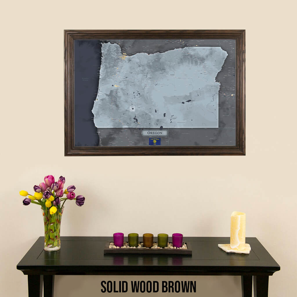 Framed Slate Oregon Push Pin Travel Maps in Solid Wood Brown Frame
