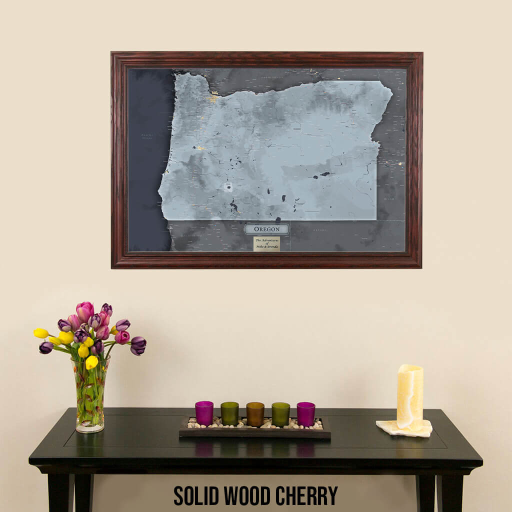 Framed Slate Oregon Push Pin Travel Maps in Solid Wood Cherry Frame