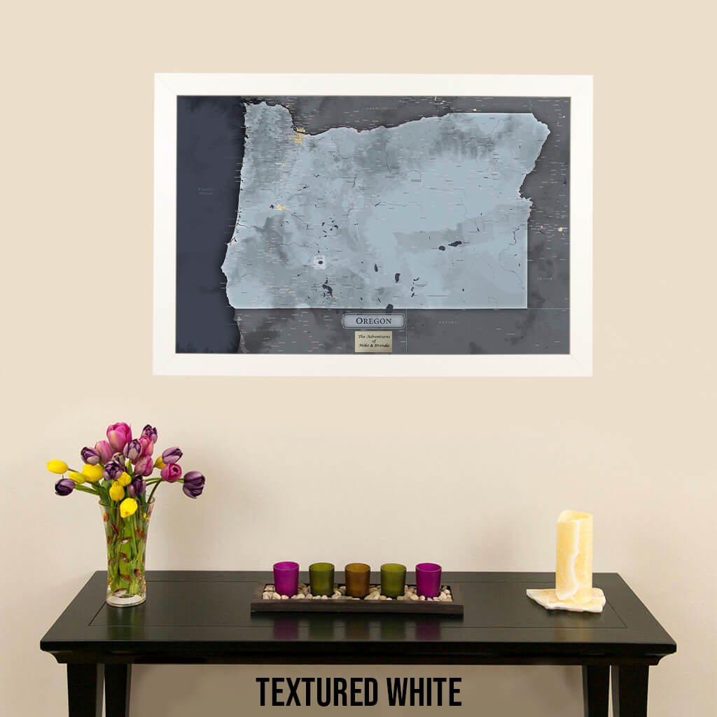 Framed Slate Oregon Push Pin Travel Maps in Textured White Frame