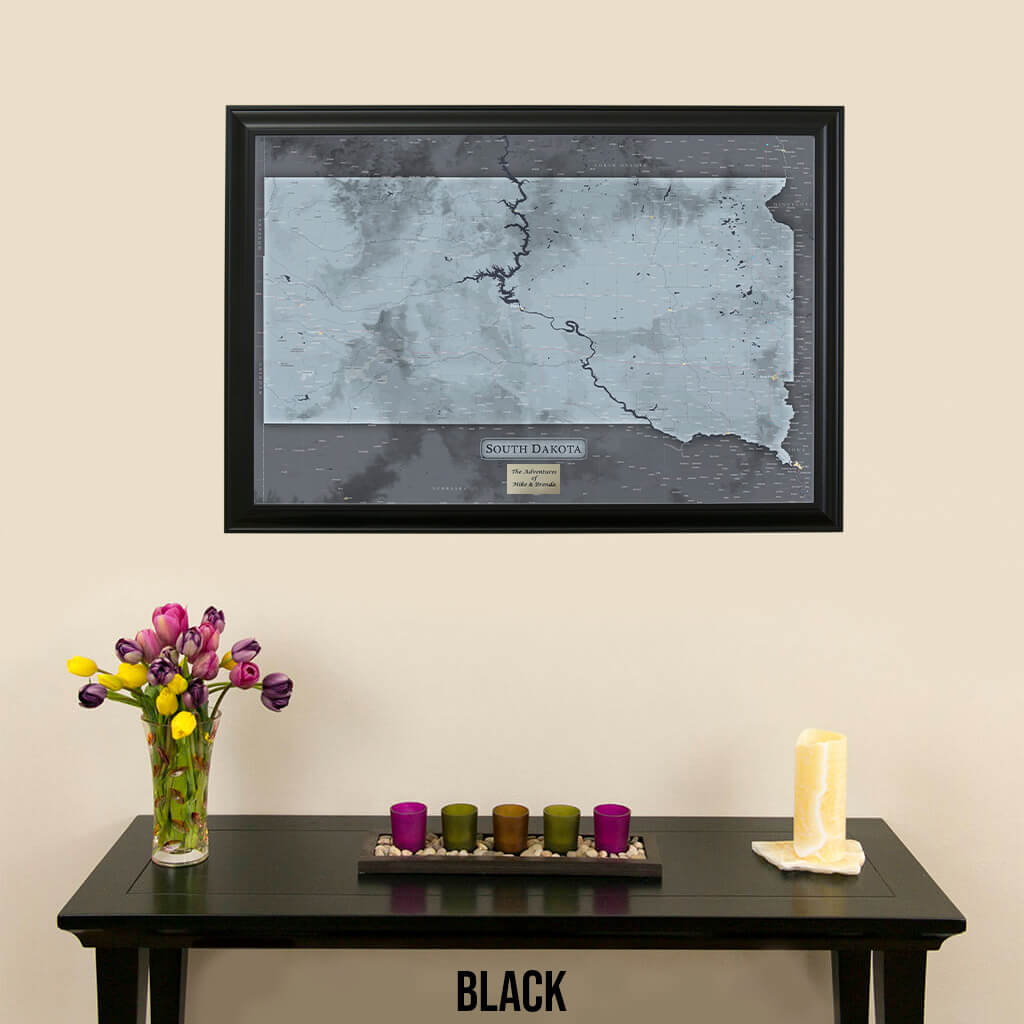 Slate South Dakota State Framed Push Pin Travel Map in Black Frame