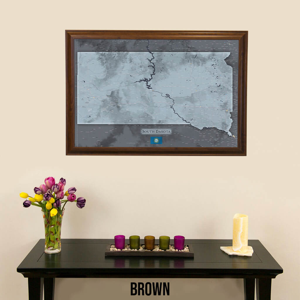 Slate South Dakota State Framed Push Pin Travel Map in Brown Frame