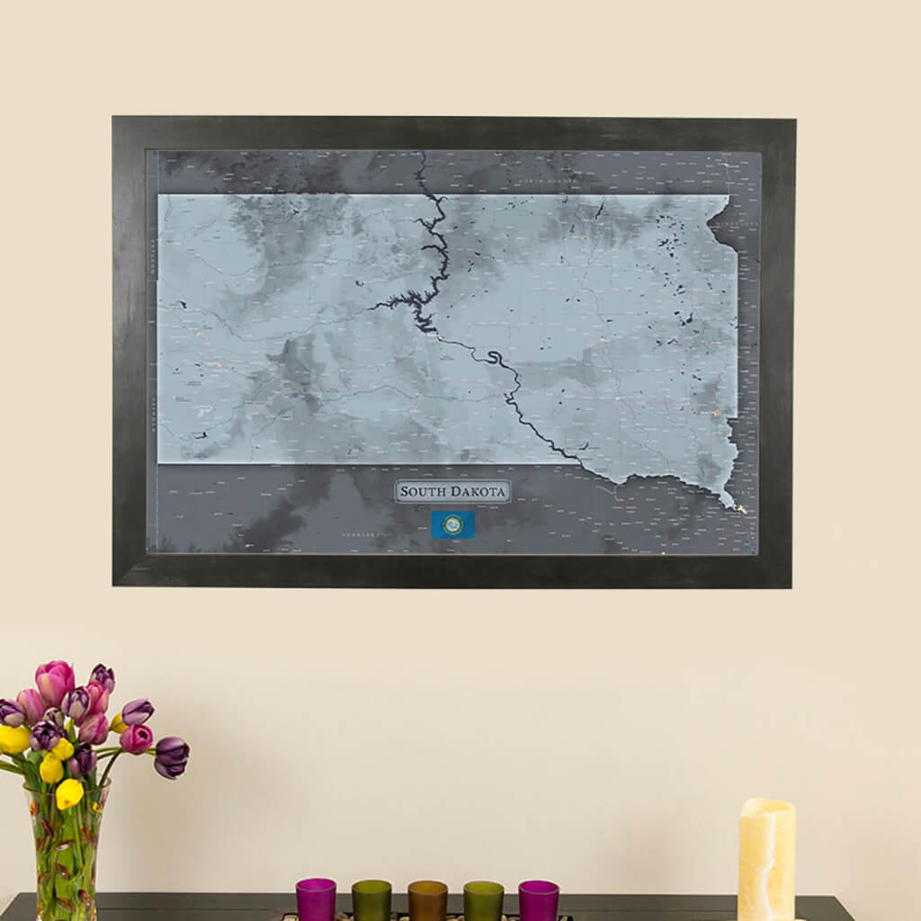 Framed South Dakota Push Pin Travel Map with Push Pins