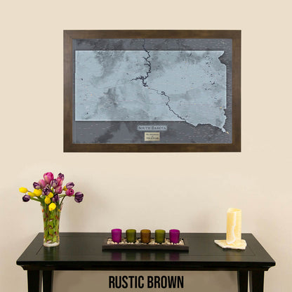 Slate South Dakota State Framed Push Pin Travel Map in Rustic Brown Frame