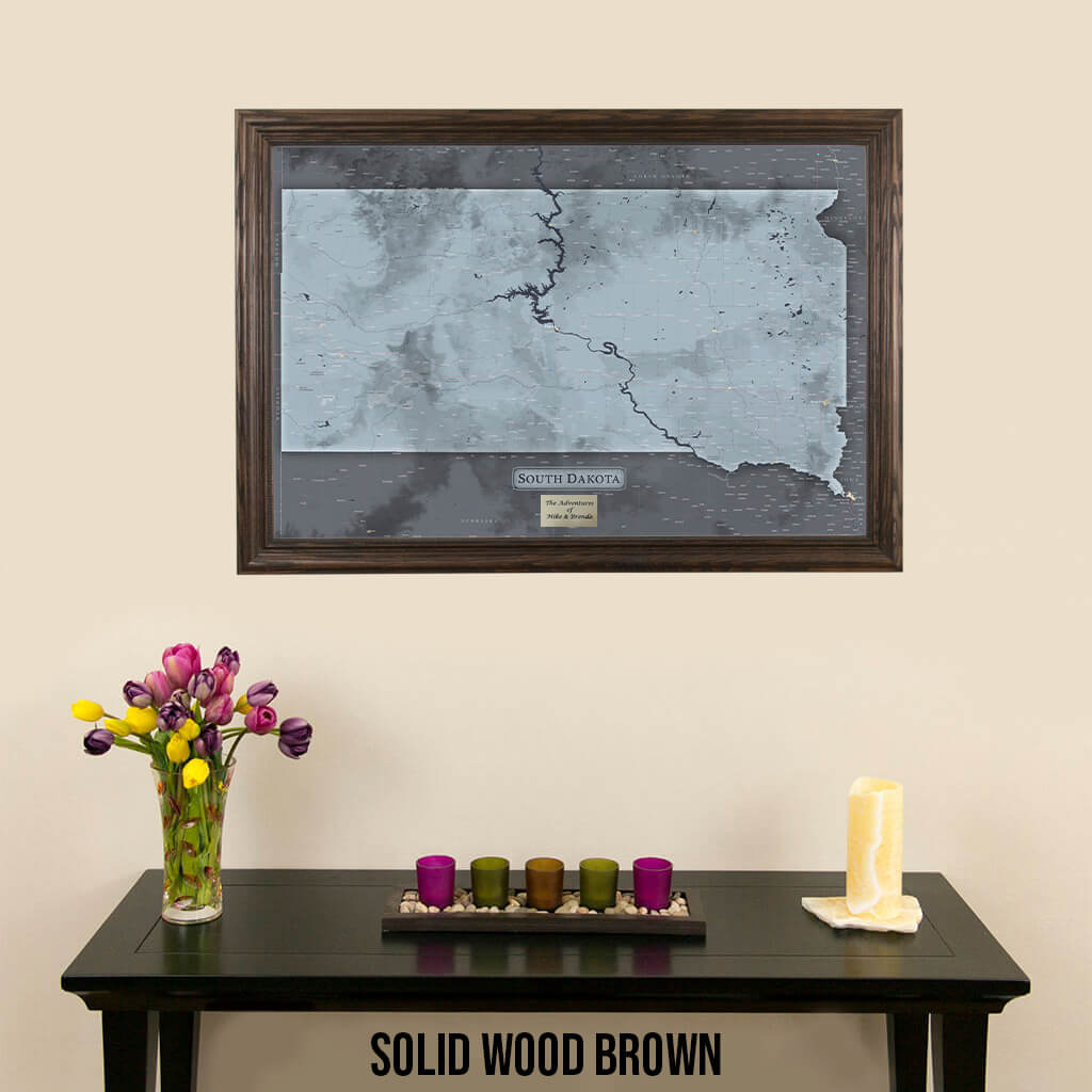 Slate South Dakota State Framed Push Pin Travel Map in Solid Wood Brown Frame