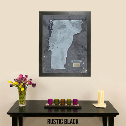 Framed Vermont Slate Travel Map with Pins in Rustic Black Frame